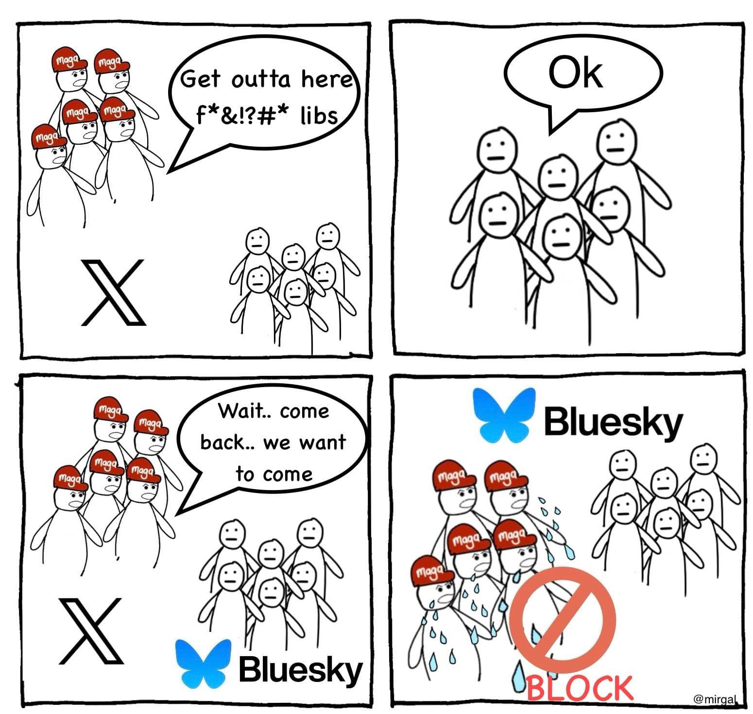 Cartoon showing MAGA hat wearers folling users from X to Bluesky.