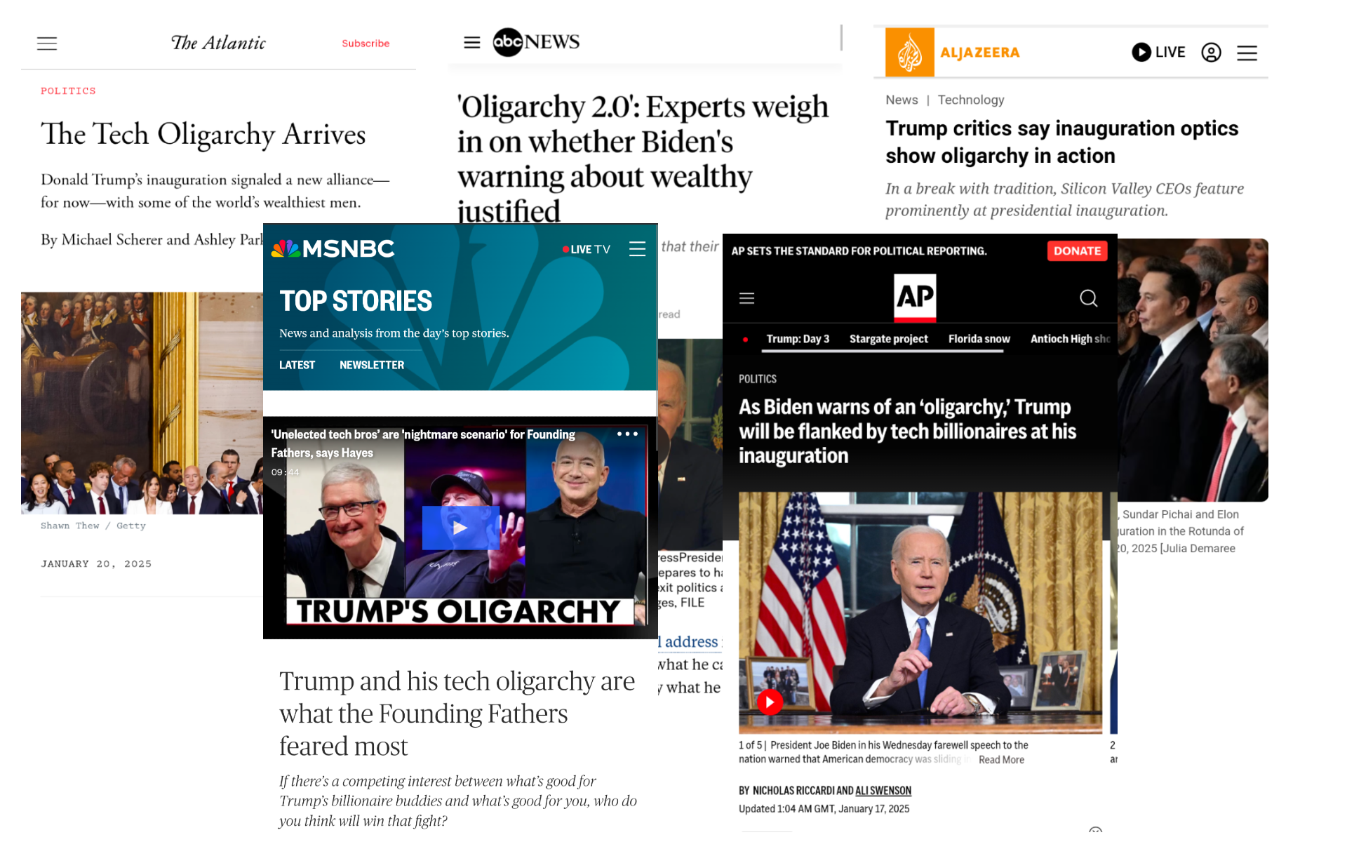 news stories from different websites that refer to Trump's "Oligarchy."