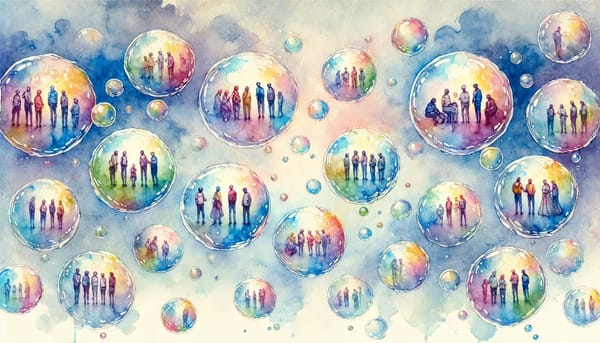 A generated water-color type image of little groups of people foating around in bubbles.