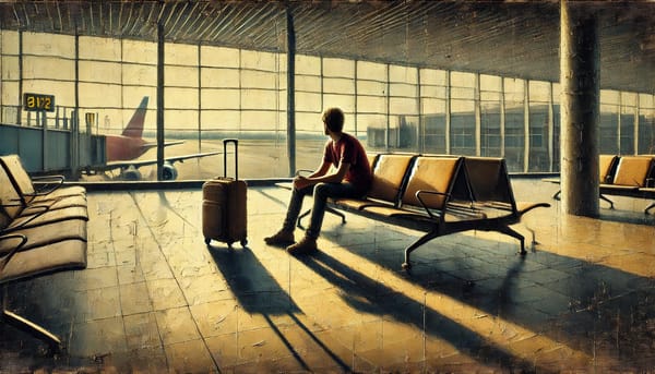 A lone dude sits at an airport terminal looking pensive or some shit.