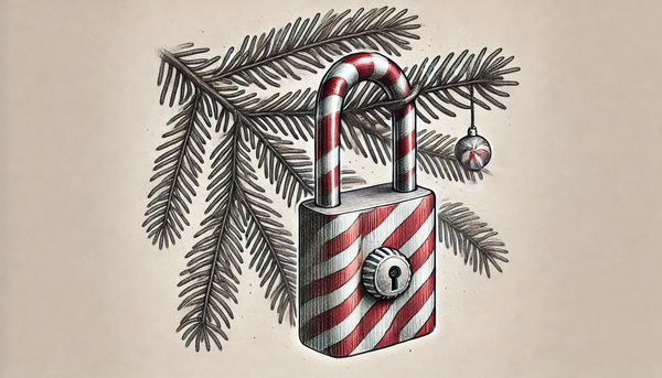 pic of a candy cane looking padlock on a christmas tree branch.