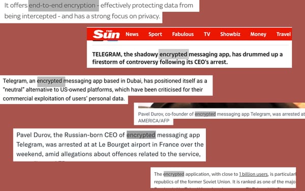 Various segments of news articles that describe the Telegram app as encrypted... wrongly.