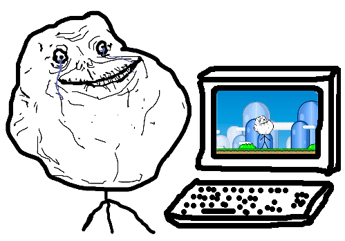 The Forever Alone meme character sitting next to a computer with themselves in it.