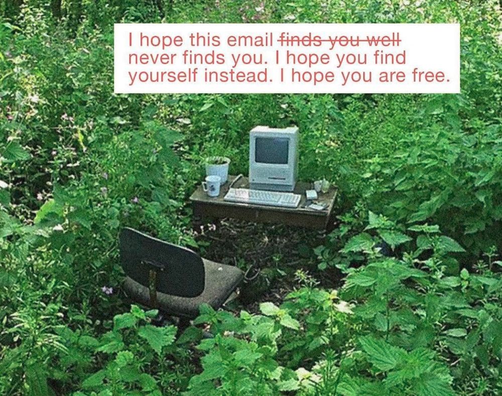 Picture of a desk in a forest surrounded by leaves. Near it is an office chair. On it is an old Apple II or something like that and some other office paraphenalia. The caption reads" I hope this email never finds you. I hope you find yourself instead. I hope you are free.