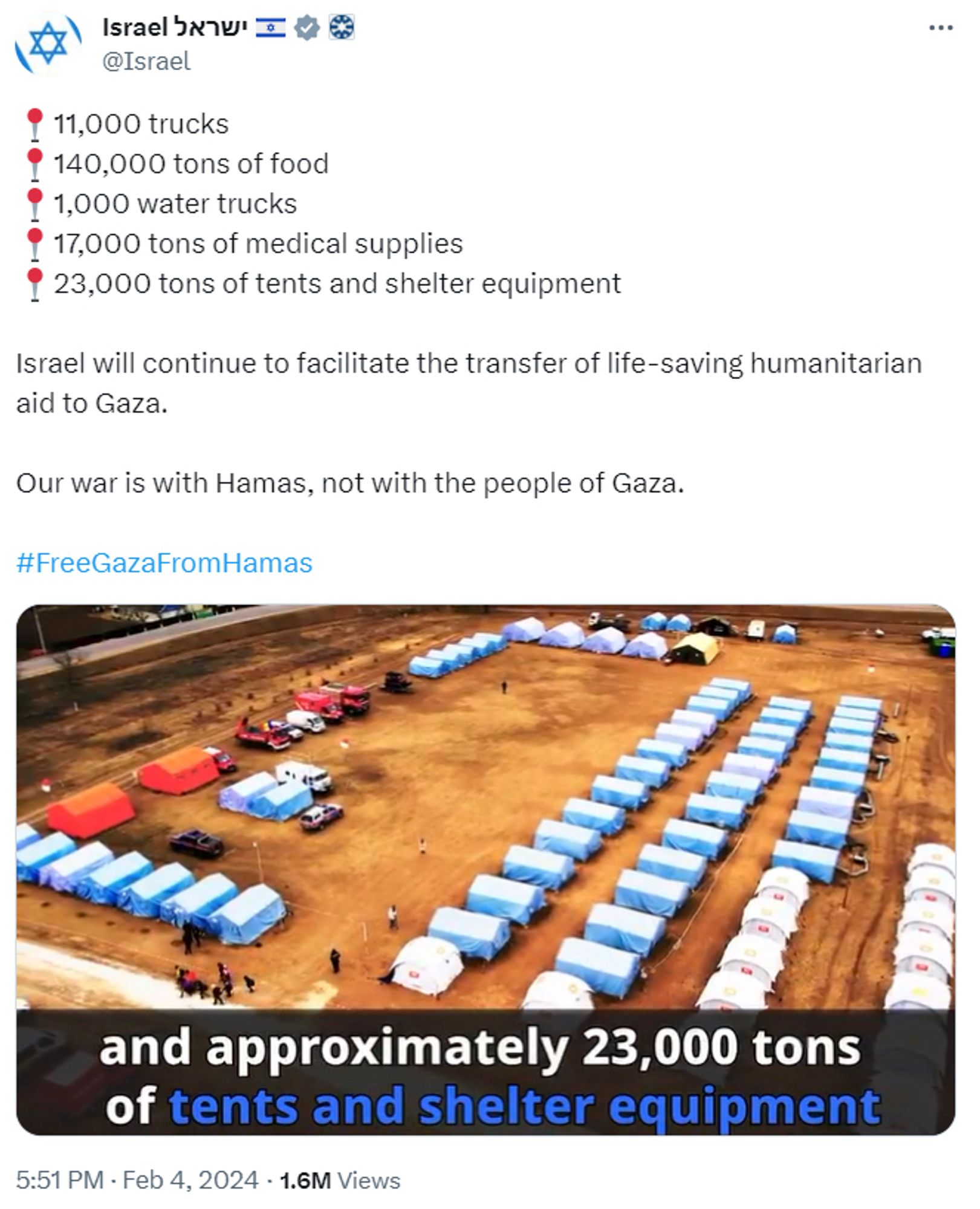 This is a tweet by the Israeli government claiming to deliver aid it isn't and using a photo that is not the refugee camp it claims it is. The entire thing is a lie.